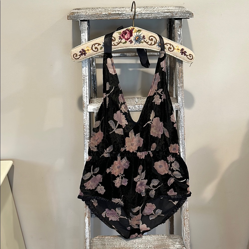 Chelsea28 Black and Pink Floral Romper